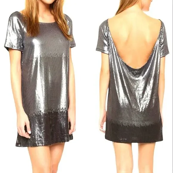 Free People Drenched in Sequins Shimmery Ombre Scoop Back Mini Dress Gunmetal XS - Picture 2 of 8